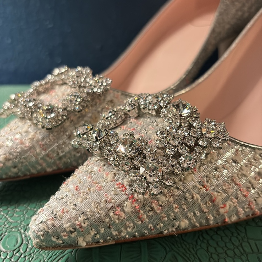 Roger Vivier silver tweed pumps with jeweled buckle and mid-heel stiletto, 41 IT